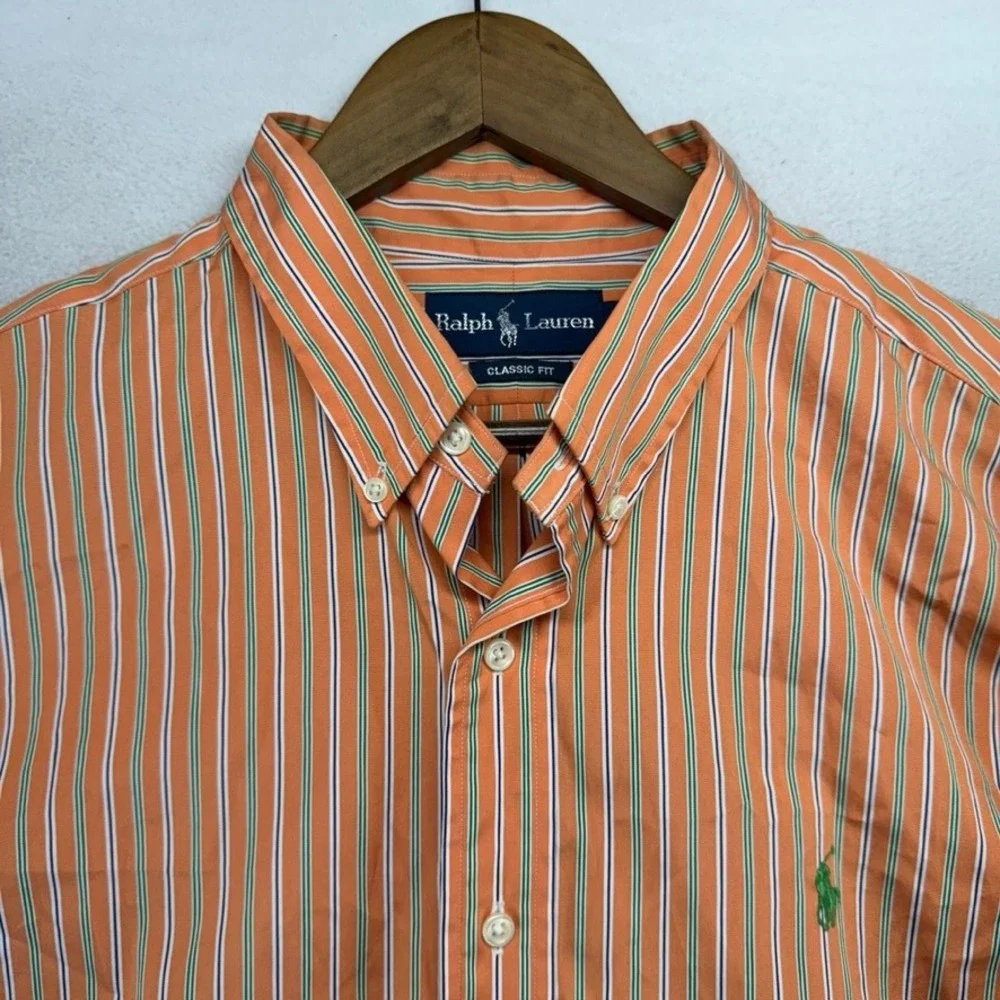 Vintage Ralph Lauren Button Down Shirt Mens XL Orange Green Striped Pony 90s